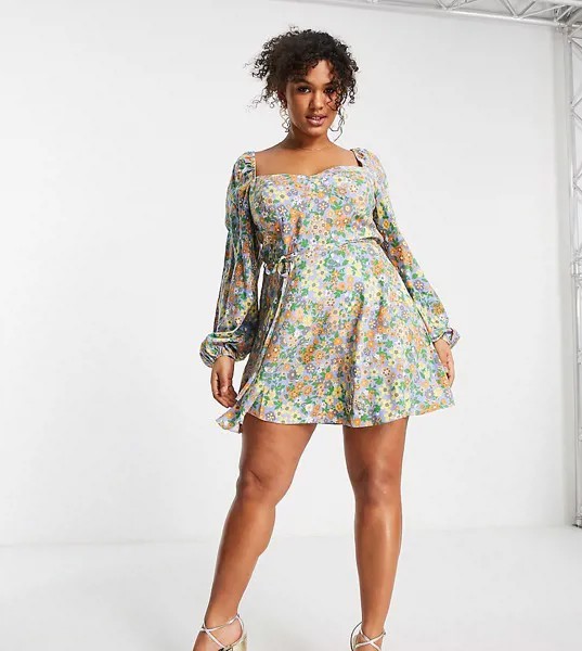 Платье мини с корсетной отделкой и цветочным принтом ASOS DESIGN Curve-Разноцветный