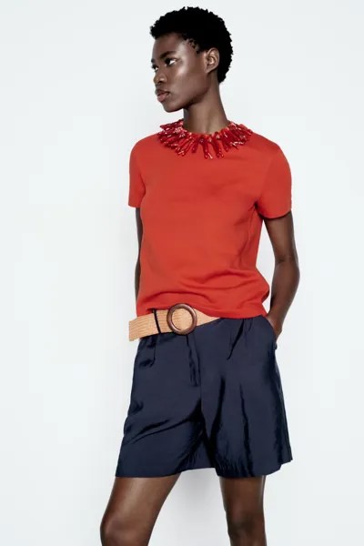 Футболка интерлок с коротким рукавом ZARA, цвет brick