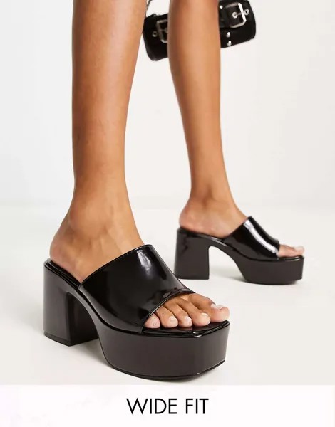 Эксклюзивные туфли-мофели Ariel на платформе Public Desire Wide Fit черного лакированного цвета