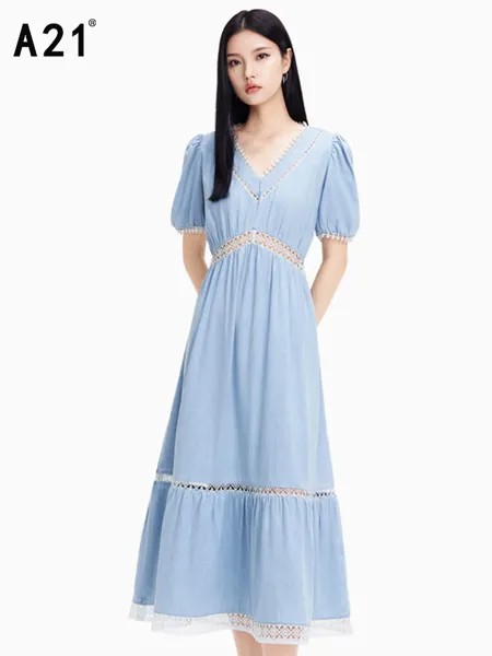 Джинсовое платье A21, Новинка лета 2022, Корейская версия французского платья средней длины с V-образным вырезом, кружевной вышивкой и коротким...
