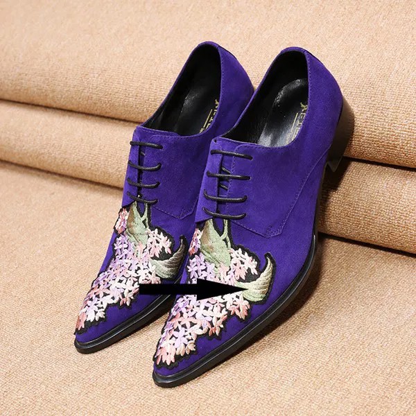 Кожаные туфли с цветочной вышивкой, фиолетового цвета, 2017 г., повседневные туфли для вечеринок, оксфорды с острым носком и шнуровкой, EU46
