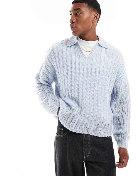 Голубой свитер оверсайз с начесом ASOS DESIGN из трикотажа в рубчик широкой вязки с вырезом на горловине