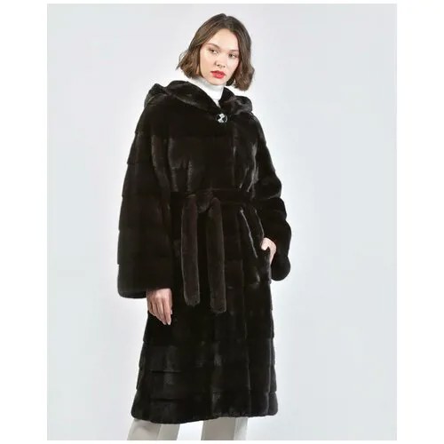 Пальто Mala Mati, норка, силуэт прямой, капюшон, пояс/ремень, размер 42, черный