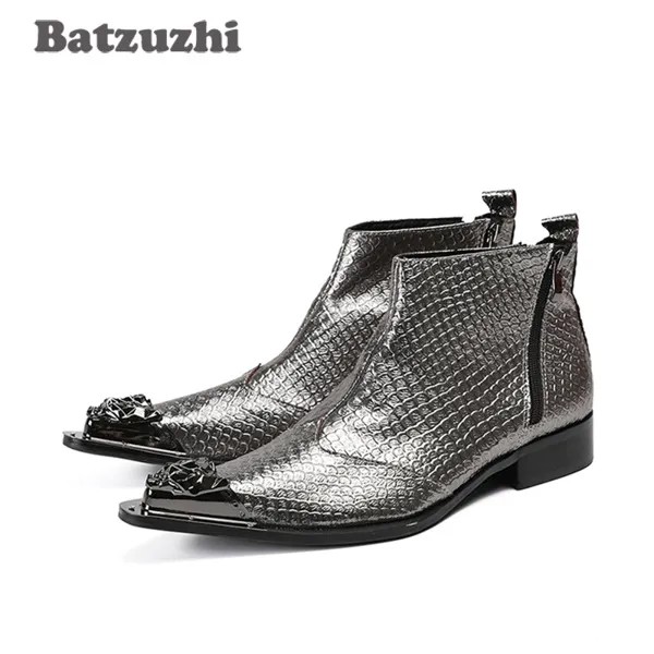 Batzuzhi японский Стиль ручной работы мужские ботинки с острым носом, с металлическим элементом декора серого цвета из натуральной кожи; Мужские ботинки по щиколотку вечерние свадебные сапоги Botas Hombre!