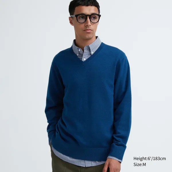 Джемпер из 100% кашемира с V-образным вырезом Uniqlo, синий