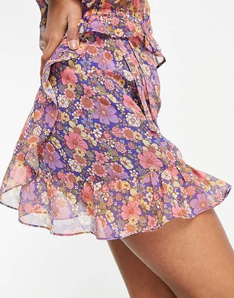 Разноцветная мини-юбка с прозрачными оборками и цветочным принтом Topshop