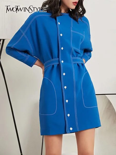 TWOTWINSTYLE повседневное корейское модное платье для женщин с круглым вырезом и длинным рукавом, высокая талия, однотонные Мини платья, женская ...