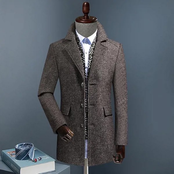 Пальто мужское зимнее шерстяное, тёплый плащ, повседневная куртка, однотонная деловая верхняя одежда