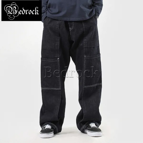 Уличные брюки-карго MBBCAR 14oz в стиле хип-хоп, мужские однотонные потертые джинсы с красной линией, свободные эксклюзивные широкие брюки woo 7272
