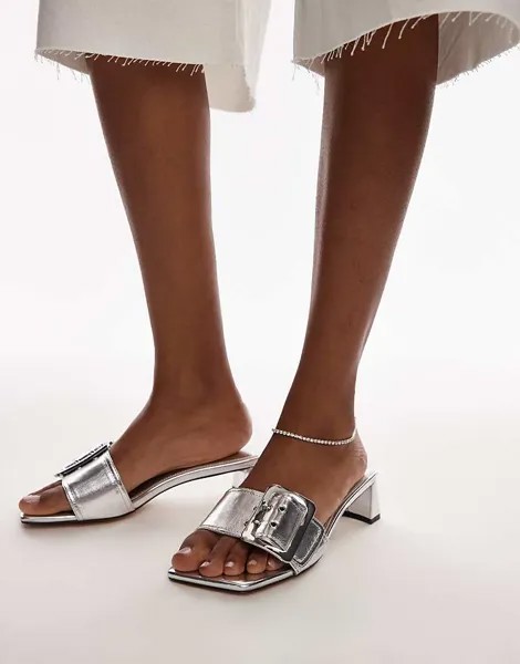 Topshop – Ila – серебристые мюли с пряжкой и каблуком