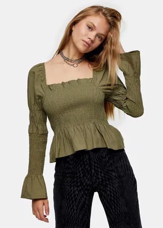 Присборенная блузка цвета хаки Topshop-Зеленый цвет