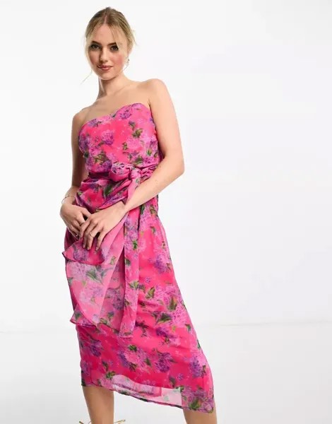 Ярко-розовое платье миди без бретелек с цветочной драпировкой Hope & Ivy