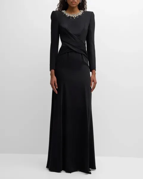 Платье Plaza с драпировкой и длинными рукавами и сильными плечами Jenny Packham, цвет Jet 2021