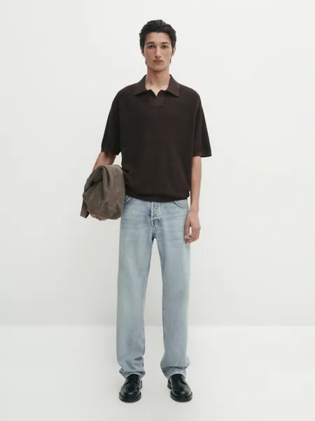Рубашка-Поло из хлопка и льна Massimo Dutti, коричневый