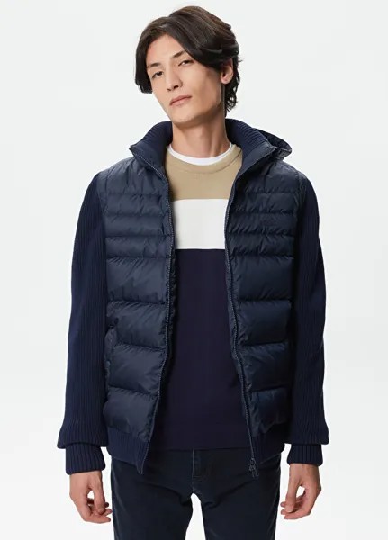Стеганое мужское пальто темно-синего цвета с капюшоном Lacoste