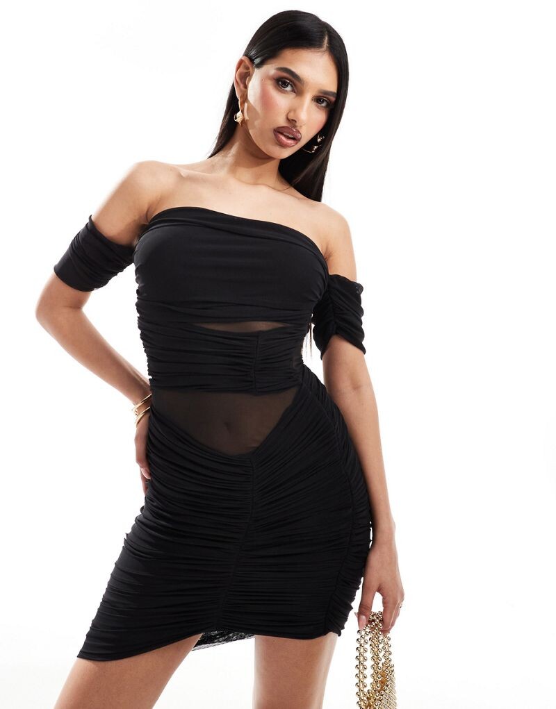 ASOS DESIGN – черное мини-платье со сборками, вырезом лодочкой и вставками из сетки