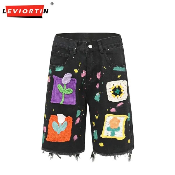 Рваные джинсы с цветочным принтом, летние шорты, мужские винтажные прямые лоскутные джинсы Y2K, большие размеры