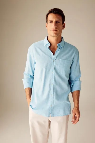 Льняная рубашка обычного кроя с воротником поло и длинными рукавами DeFacto, синий