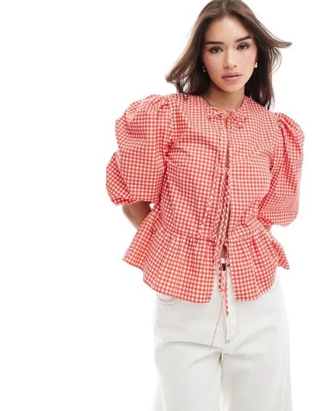 Красная блузка с баской из хлопкового поплина в клетку ASOS DESIGN Vichy