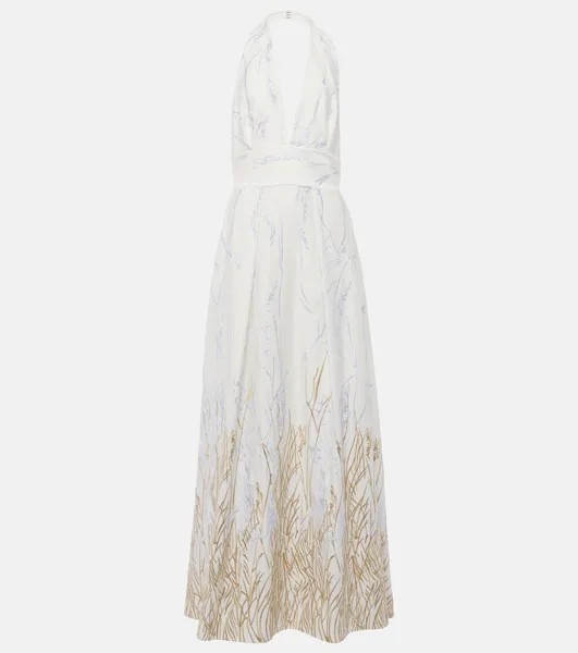 Платье из смесового хлопка с вышивкой и воротником-халтер Elie Saab, белый