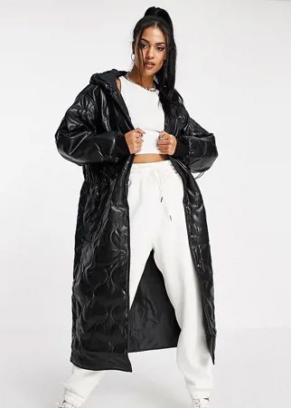 Черное стеганое пальто-пуховик из искусственной кожи с капюшоном ASOS DESIGN Tall-Черный цвет