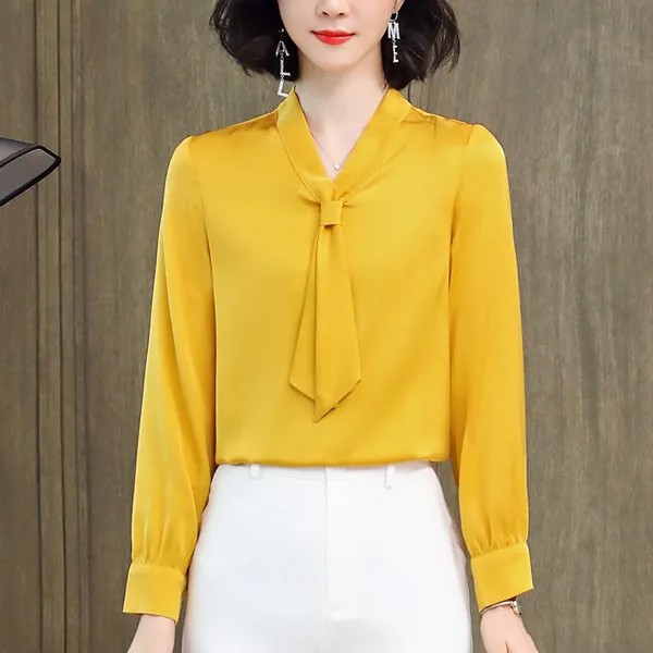 Рубашка Женская Офисная с длинным рукавом, модная сорочка с бантом и V-образным вырезом, однотонный топ из натурального шелка, работы