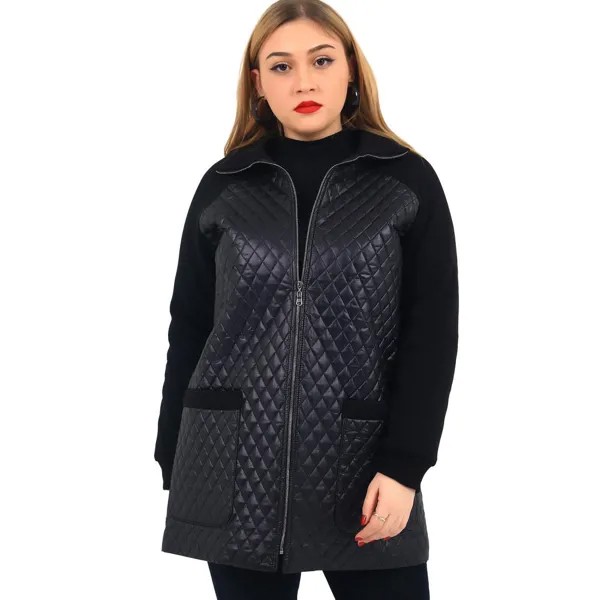 Женское пальто Fierte Lm46131 большого размера с вертикальным воротником, застежкой-молнией, длинными рукавами и карманами, вязаная одежда, стеганая зимняя плотная теплая антрацитовая черная