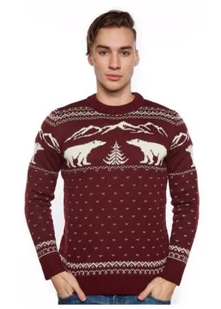 Мужской свитер, классический скандинавский орнамент Медведи, елки, горы, натуральная шерсть, бордовый цвет, размер Xl