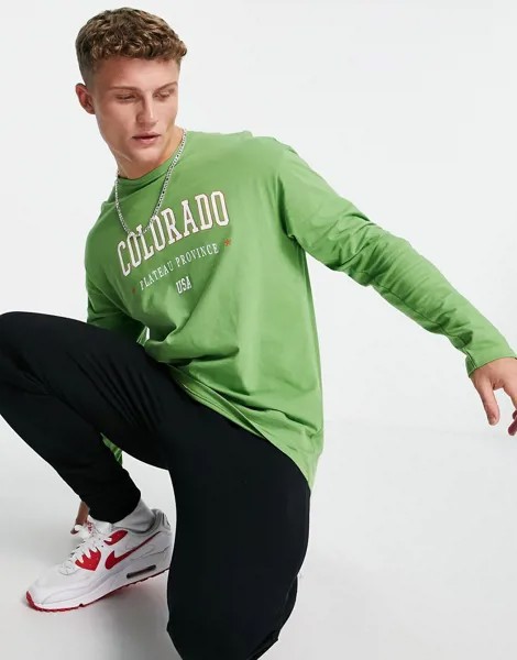 Зеленый лонгслив в стиле oversized с принтом 
