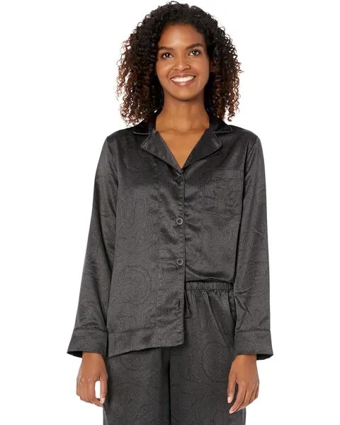 Пижамный комплект LAUREN Ralph Lauren Satin Long Sleeve Notch Collar PJ Set, черный