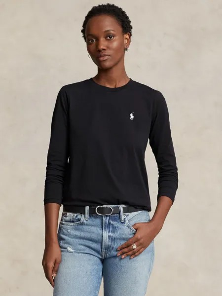 Трикотажный топ с длинными рукавами и логотипом Ralph Lauren, черная футболка-поло
