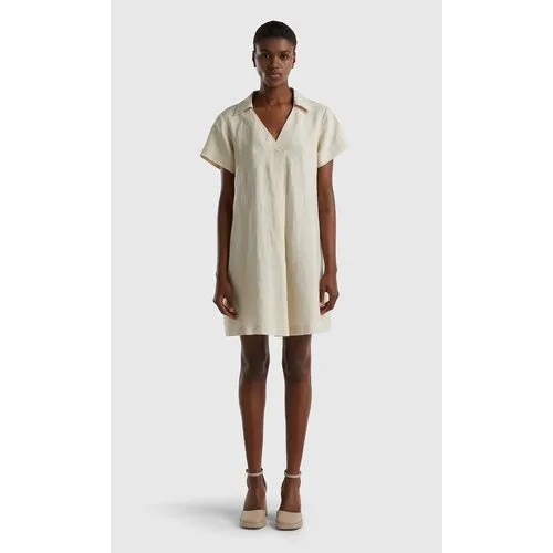 Платье UNITED COLORS OF BENETTON, лен, повседневное, прямой силуэт, мини, размер L, бежевый