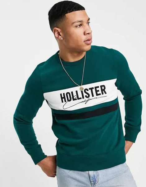 Зеленый свитшот с логотипом-вставкой на груди Hollister-Зеленый цвет