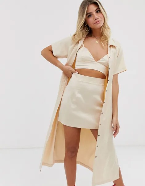Кремовая рубашка миди с короткими рукавами In The Style x Fashion-Кремовый