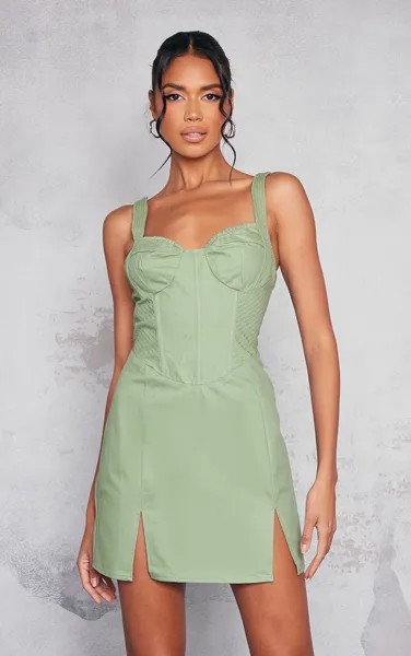 PrettyLittleThing Облегающее платье карго цвета шалфейного цвета с контрастной строчкой и корсетом