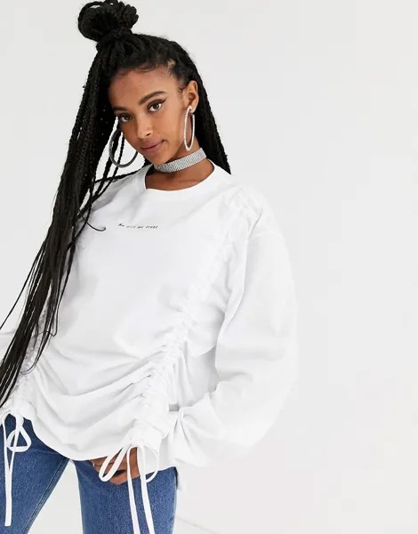 Oversize-лонгслив от комплекта с присборенной отделкой и контрастным принтом New Girl Order-Коричневый