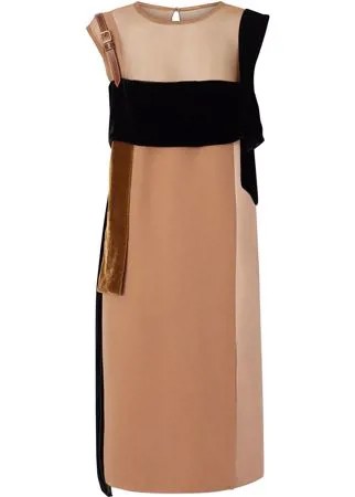 Burberry Strap Detail Panelled Silk and Velvet Dress