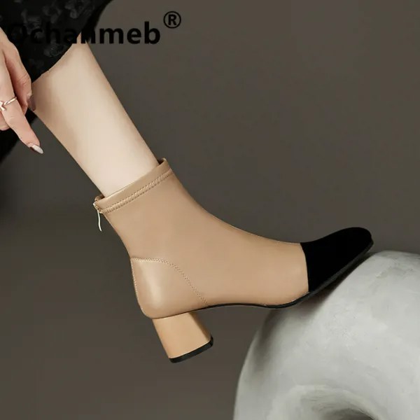 Женские брендовые Дизайнерские ботильоны Ochanmeb разных цветов на молнии на толстом высоком каблуке с квадратным носком короткие ботинки телесного цвета замшевая обувь для зимы 43