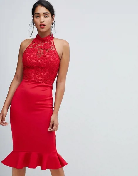 Красное облегающее платье 2 в 1 с высоким воротом и кружевом Chi Chi London-Красный