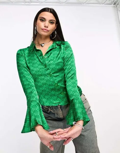 Атласная рубашка Heartbreak с зеленым змеиным принтом