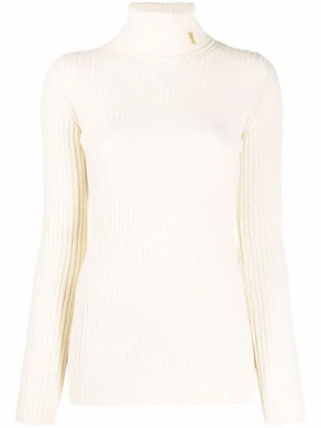 Saint Laurent logo-plaque ribbed-knit jumper