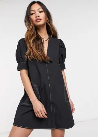 Платье мини с воротником, V-образным вырезом и контрастной строчкой Lost Ink-Черный цвет