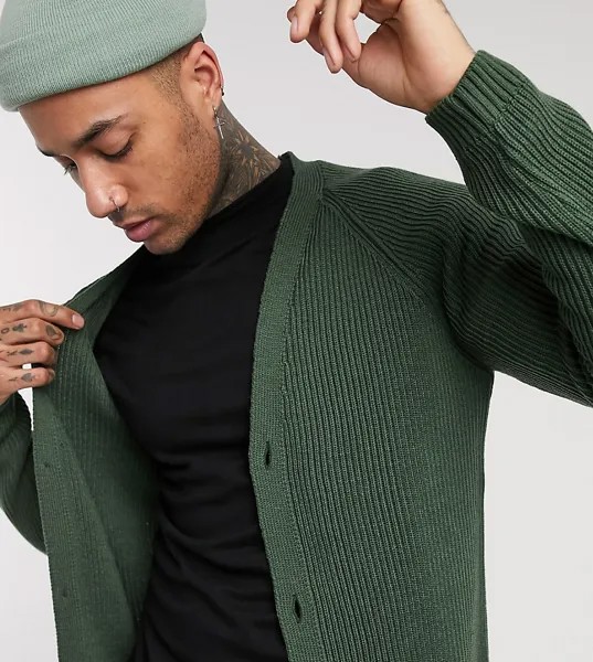 Кардиган цвета хаки в рубчик ASOS DESIGN Tall-Зеленый