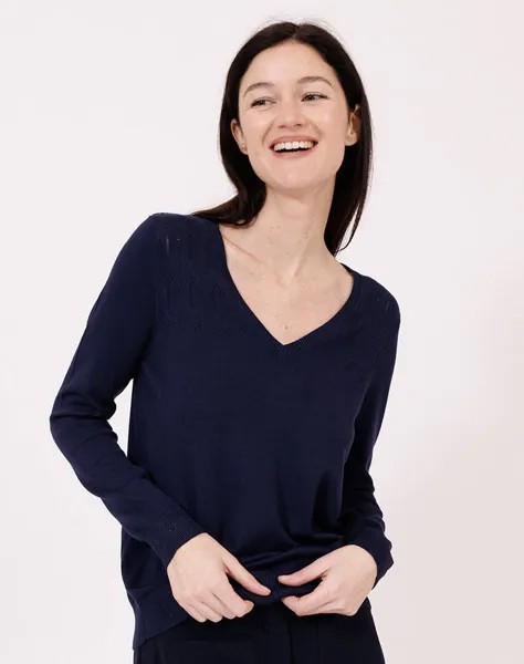 Женский свитер с V-образным вырезом и ажуром Naf Naf, темно-синий