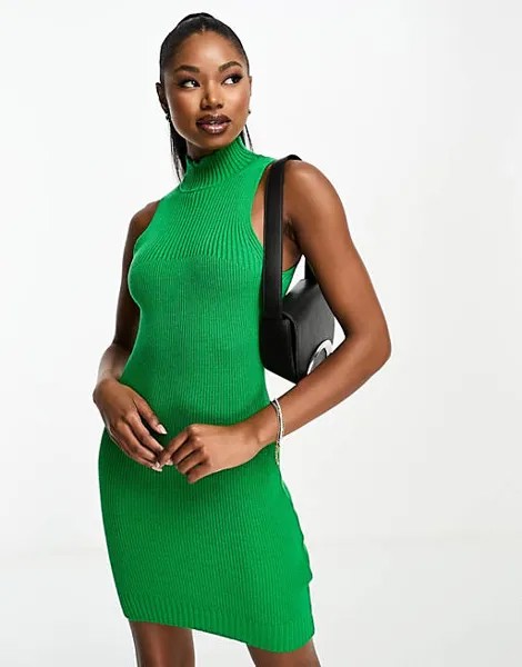 Зеленое платье мини без рукавов в рубчик с высоким воротником I Saw It First