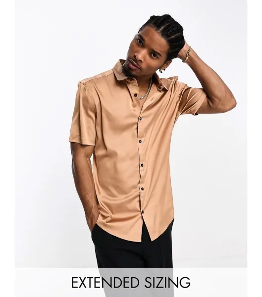 Атласная рубашка скинни с отворотами бронзового цвета ASOS DESIGN