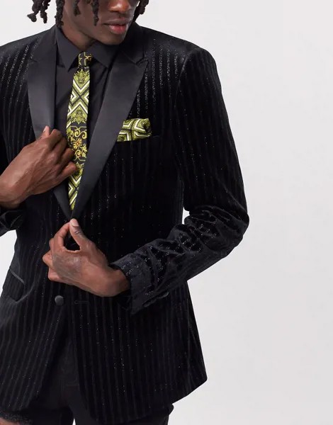 Черный узкий атласный галстук и платок для пиджака с принтом в стиле барокко ASOS DESIGN