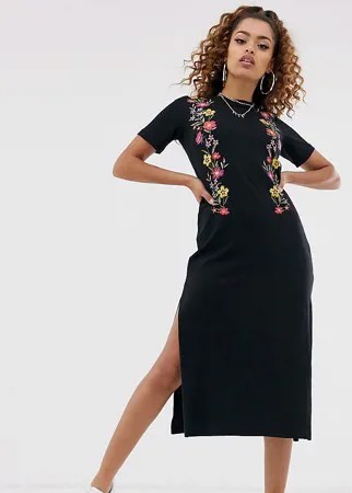 Платье-футболка миди с изображением цветов ASOS DESIGN Petite-Черный