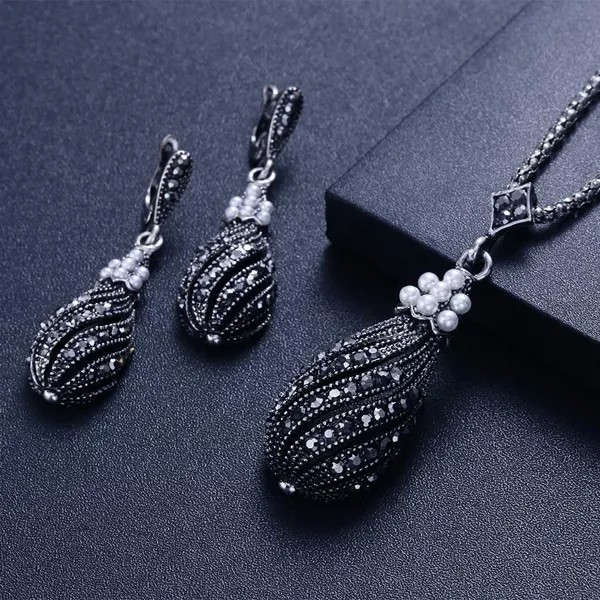 Женщины черный хрусталь кулон Faux жемчужина падение Серьги ожерелье моды Бижутерия
