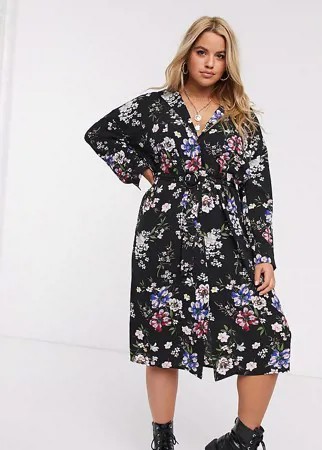 Черное платье-рубашка с длинными рукавами, поясом и цветочным принтом New Look Curve-Черный